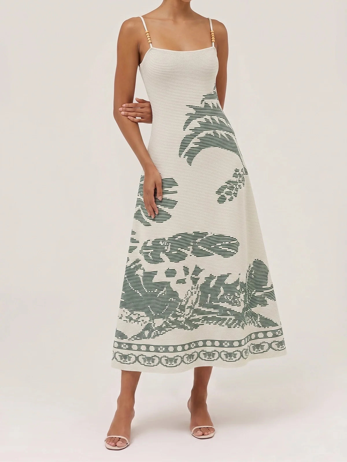 Bead Strap Palm Jacquard Knit Midi Dress