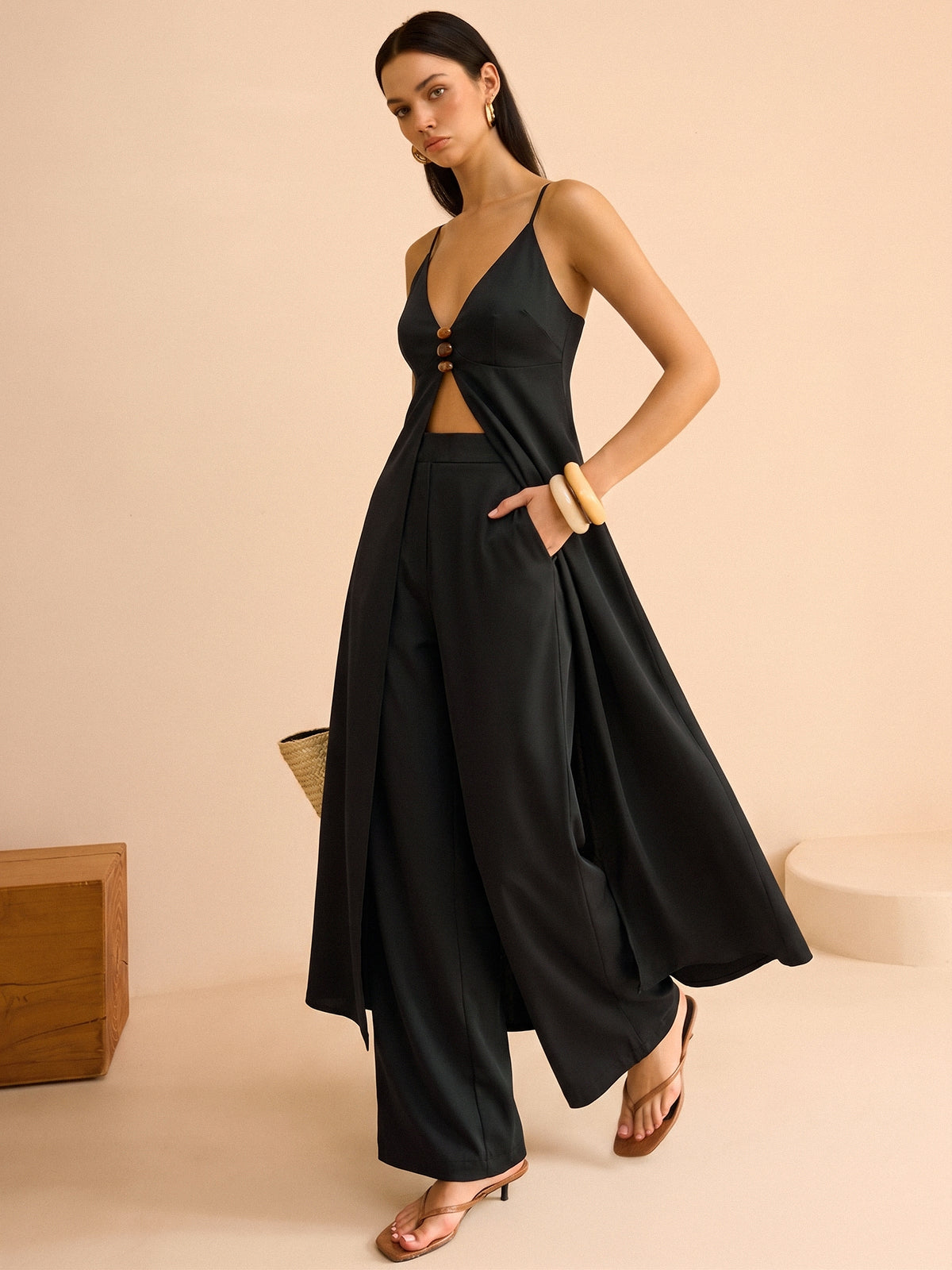 Deep V Cami Long Top & Pants Two Piece Set