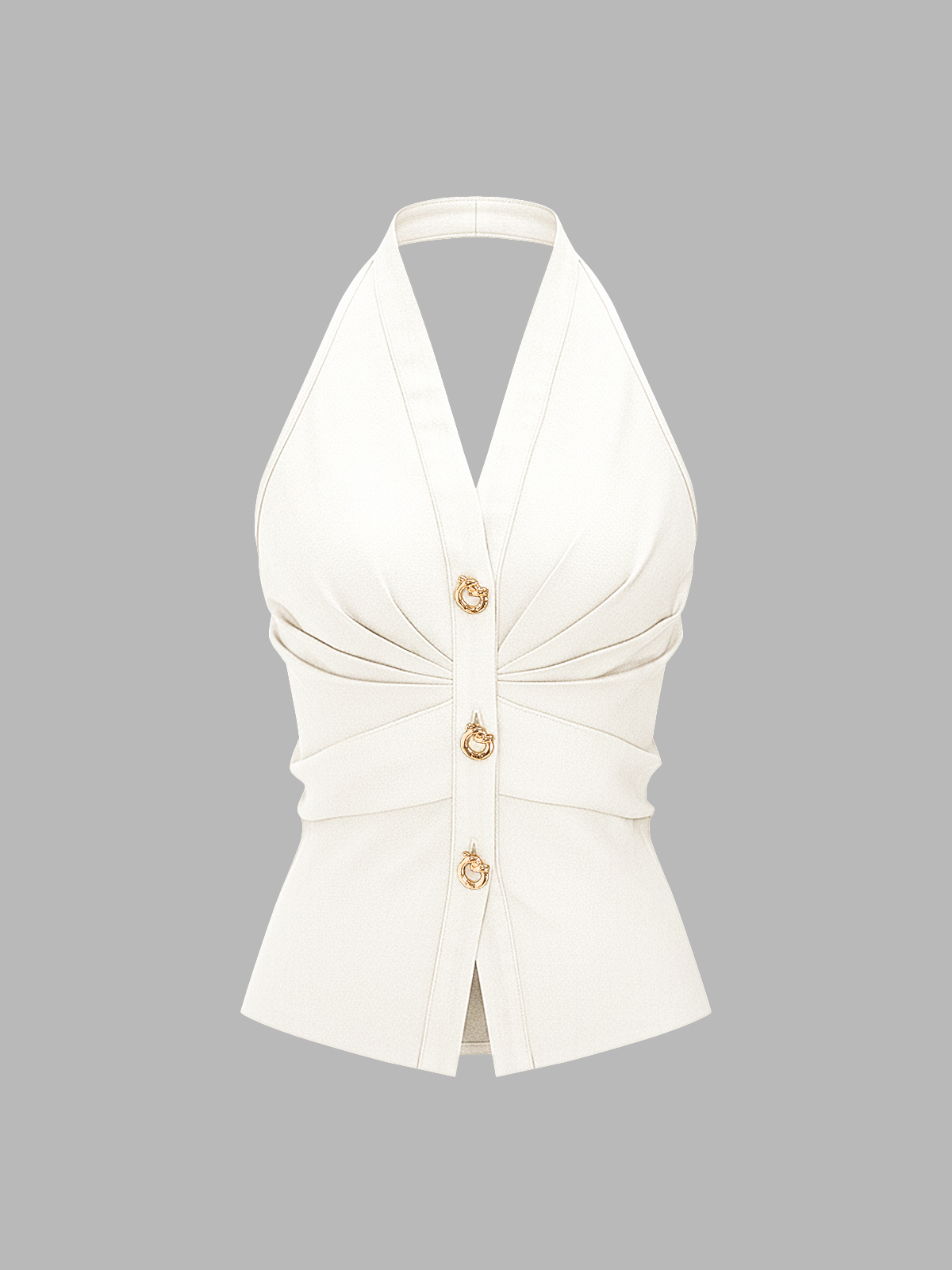 Metal Button Denim Halter Ruched Top