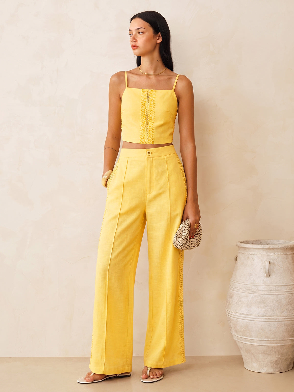 Cotton Linen Lace Trim Cami Top & Pants Set