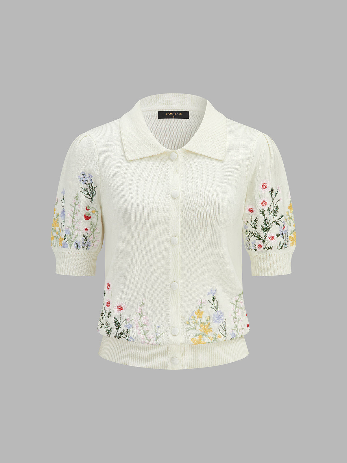 Floral Embroidery Collared Knit Cardigan