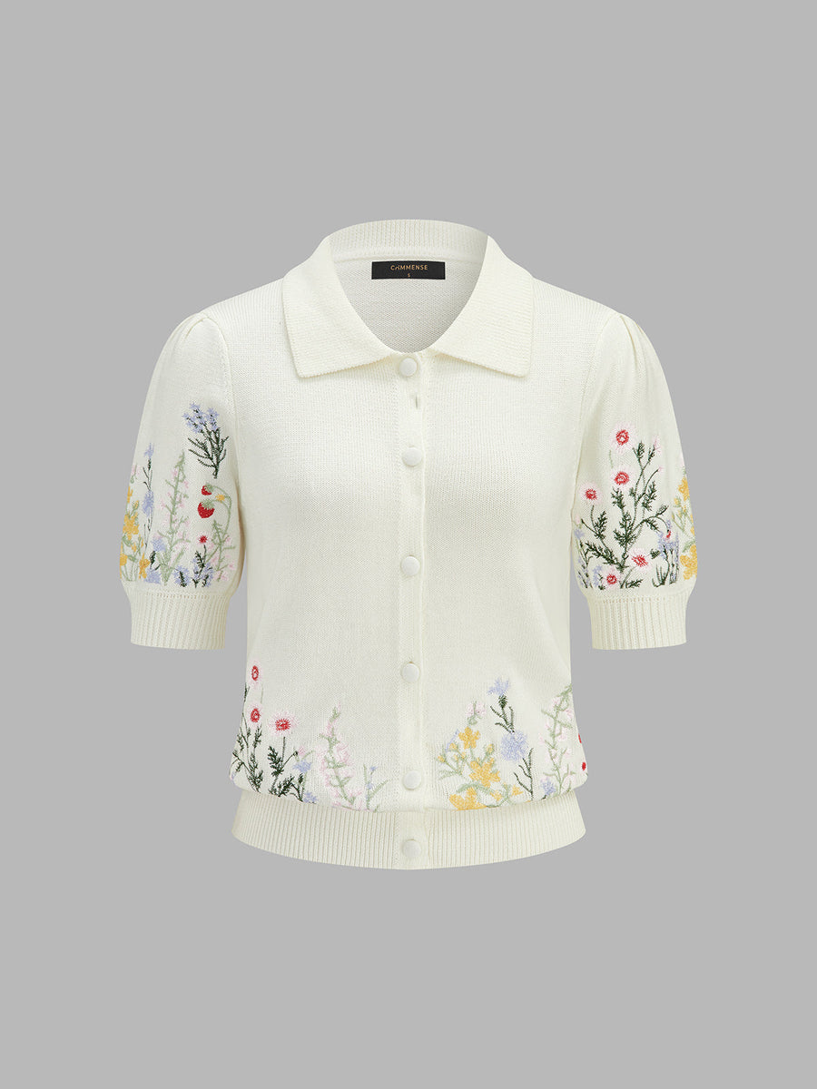 Floral Embroidery Collared Knit Cardigan
