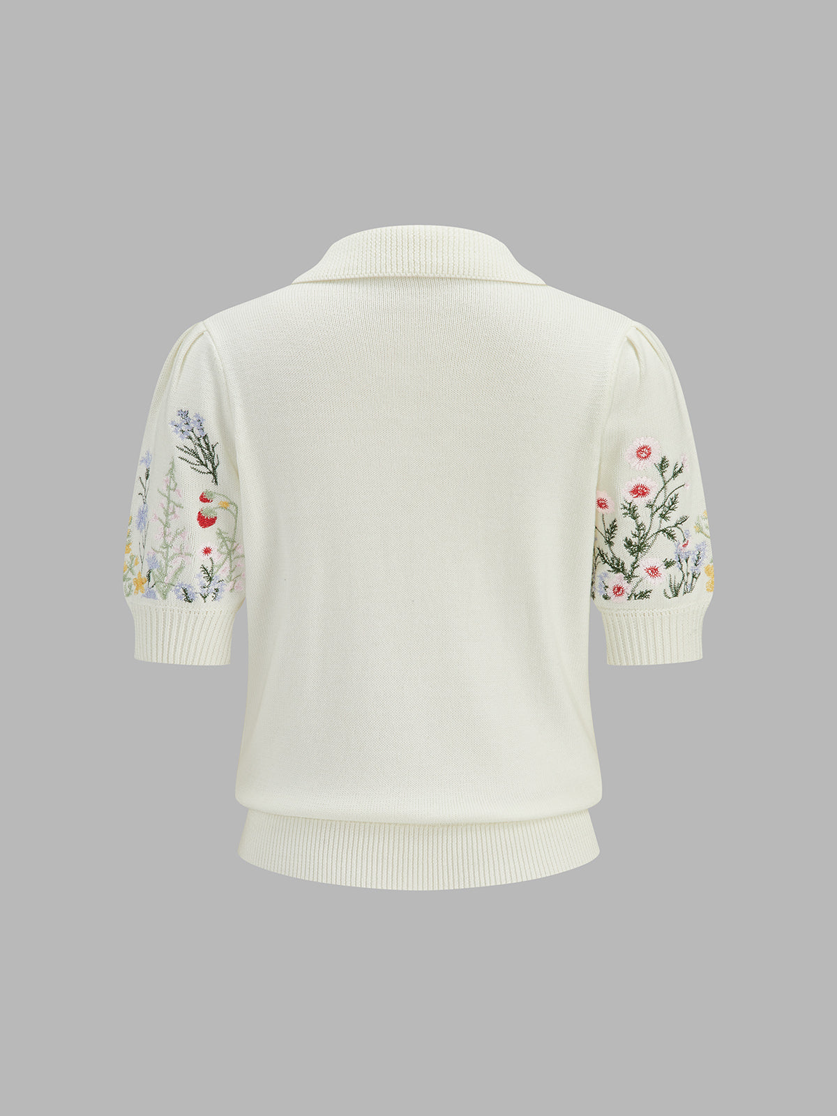 Floral Embroidery Collared Knit Cardigan