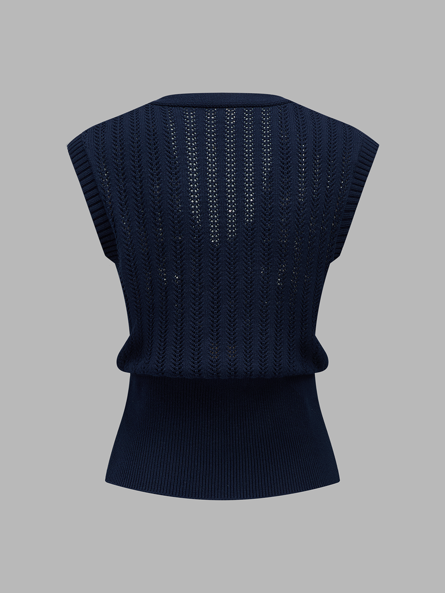 Embroidered Openwork Buttoned Knit Vest