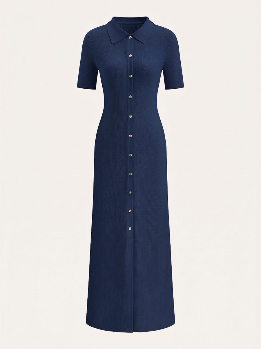 Metal Button Collar Midi Dress in Premium Fabric