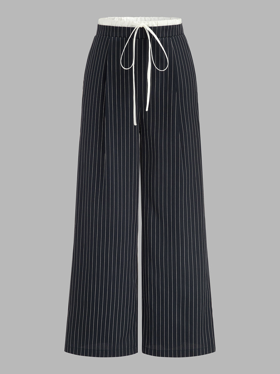 Contrast Waistband Drawstring Pinstripe Pants