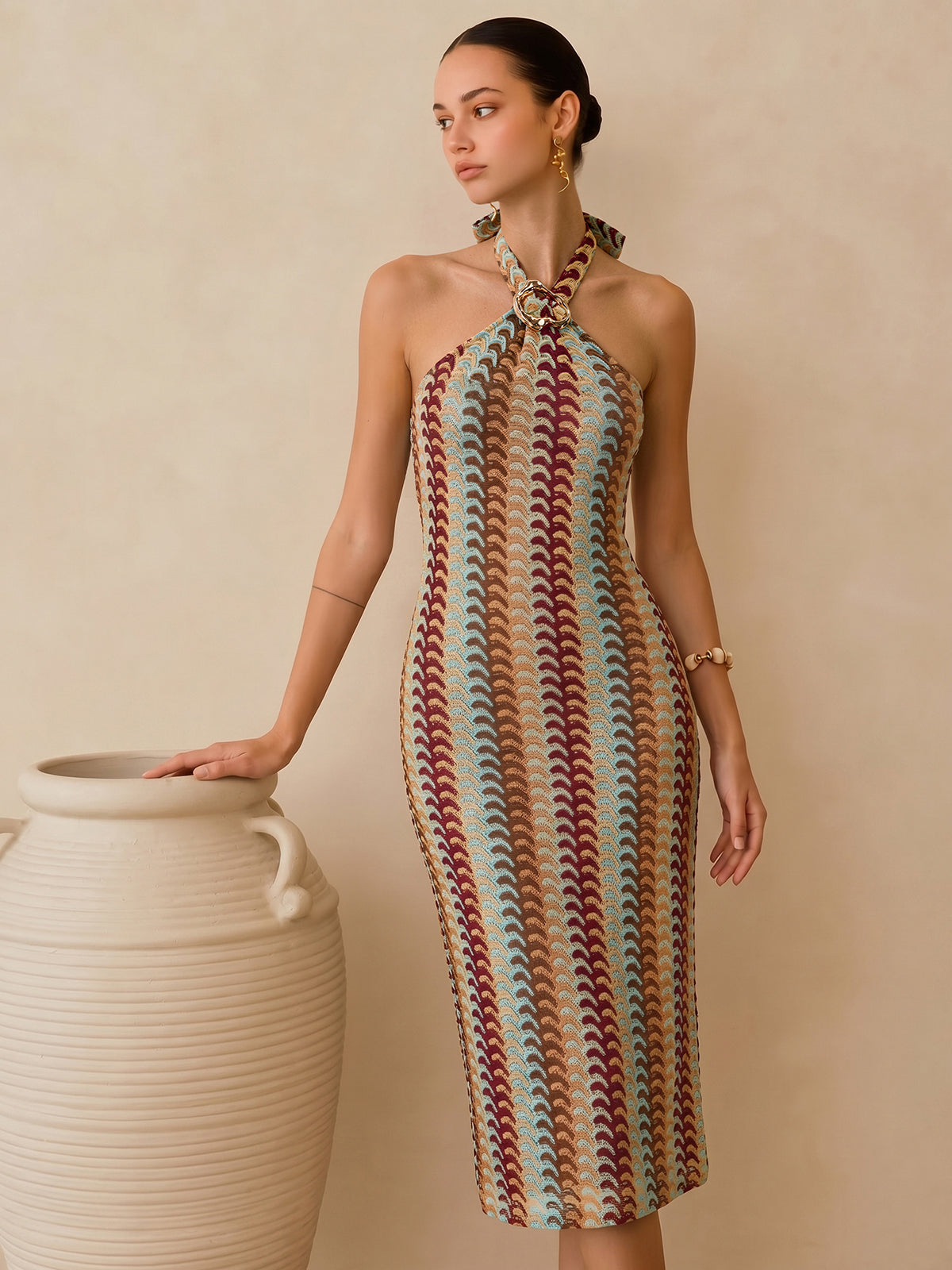Multicolor Striped Knit Halter Midi Dress