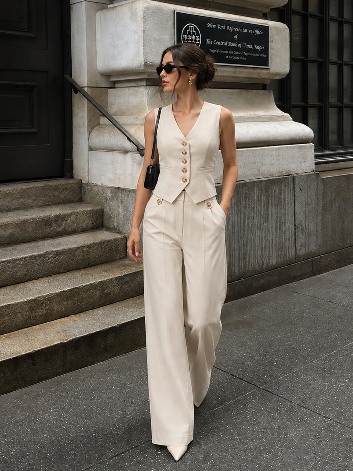 V-Neck Button Vest & Wide Leg Pants Set