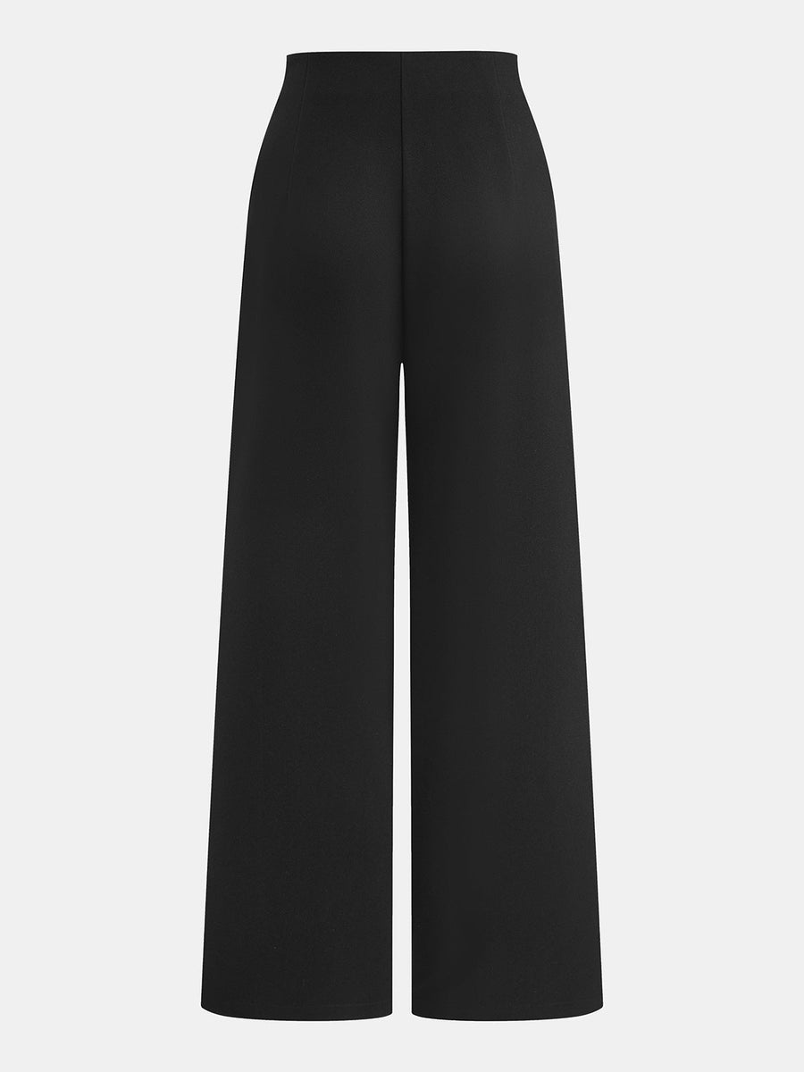 Metal Buckle Mid Waist Wide Leg Pants