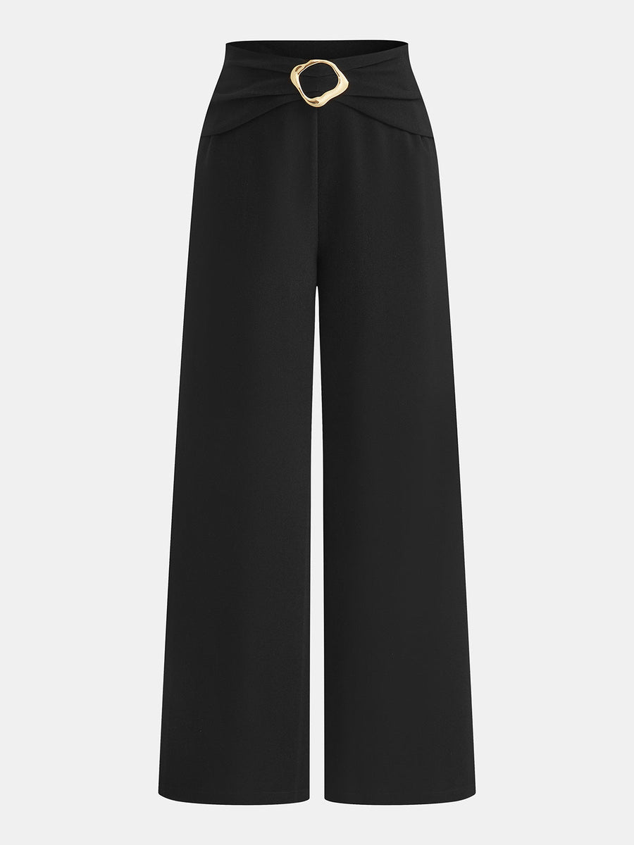 Metal Buckle Mid Waist Wide Leg Pants