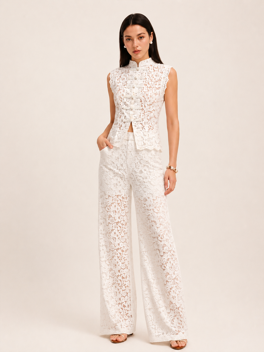 Frog Button Mandarin Collar Lace Vest & Pants Set
