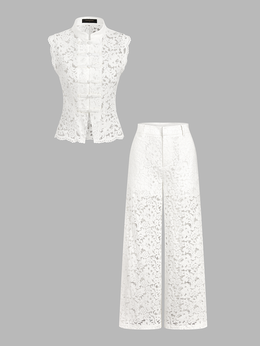 Frog Button Mandarin Collar Lace Vest & Pants Set