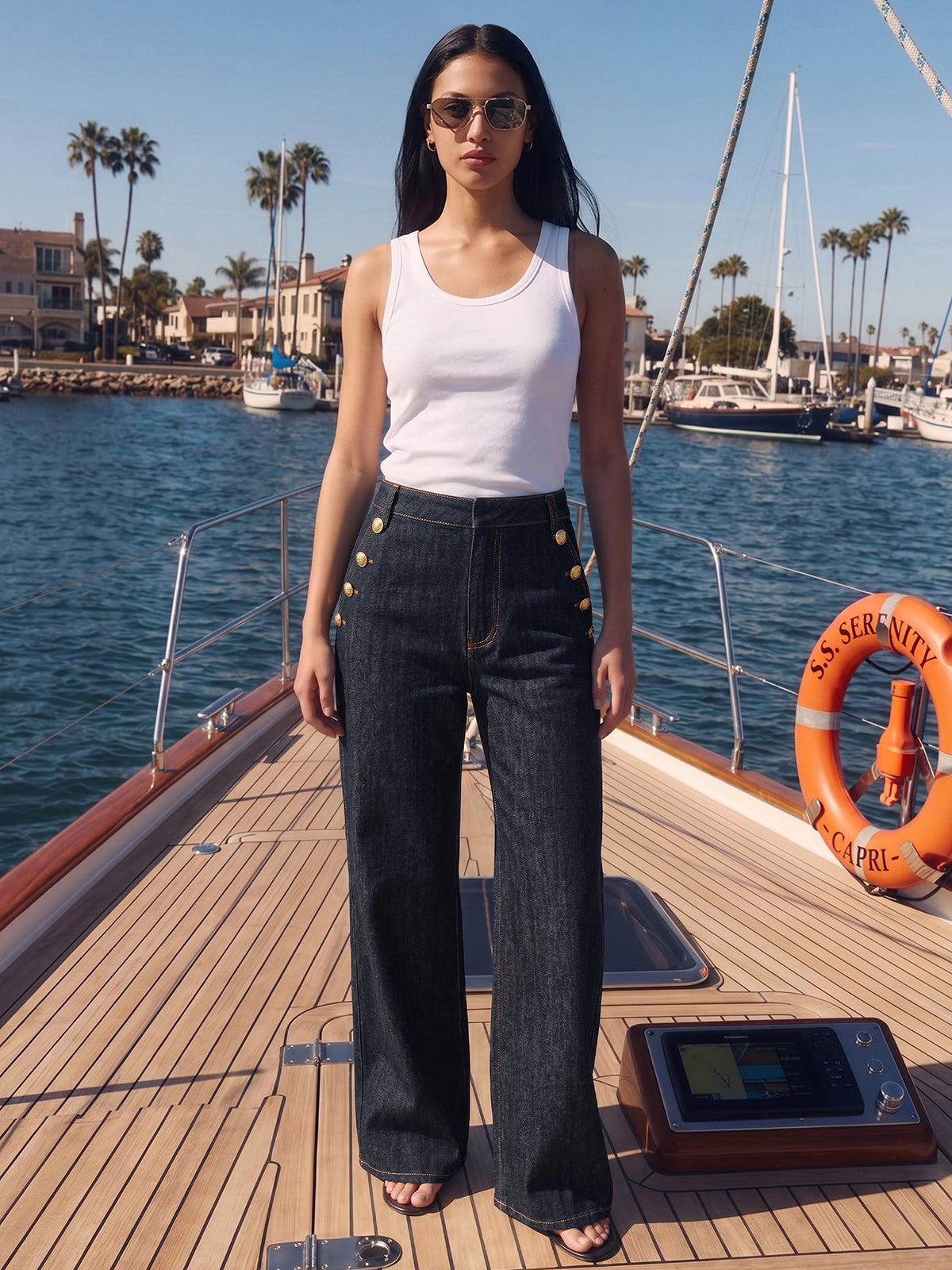 Double Row Metal Detail Denim Pants