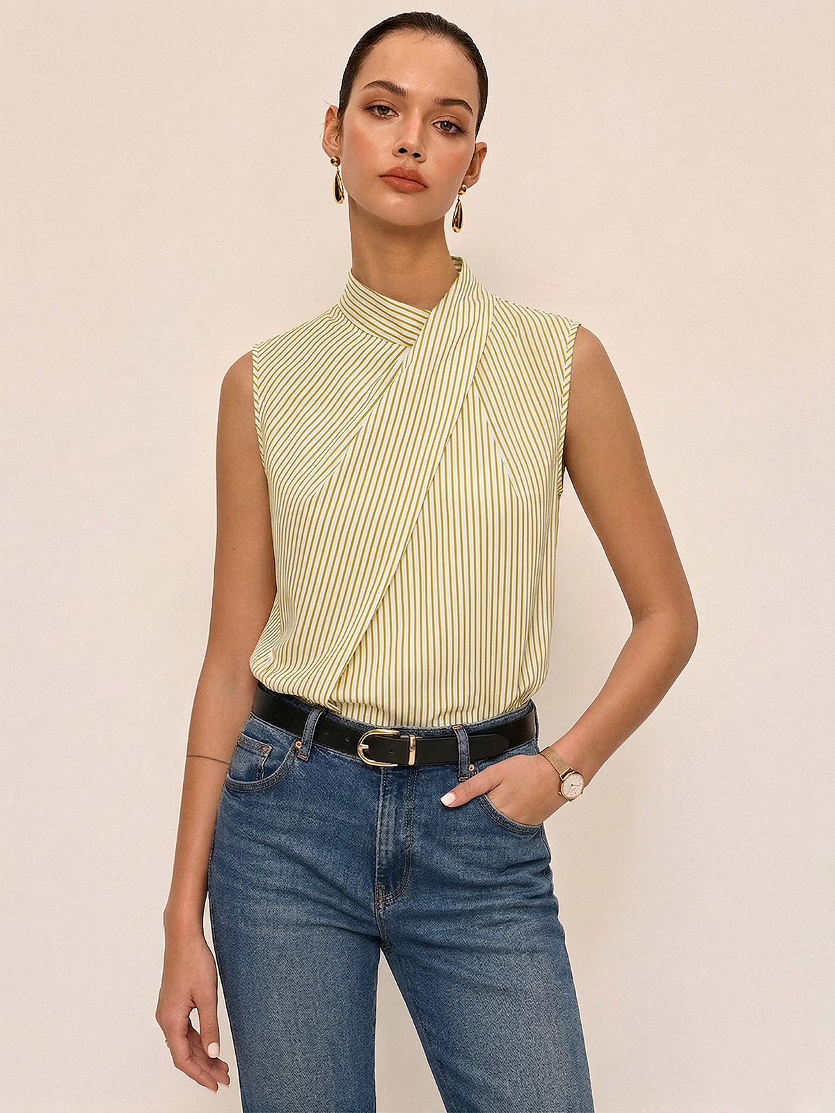 Sleeveless Striped High Neck Blouse