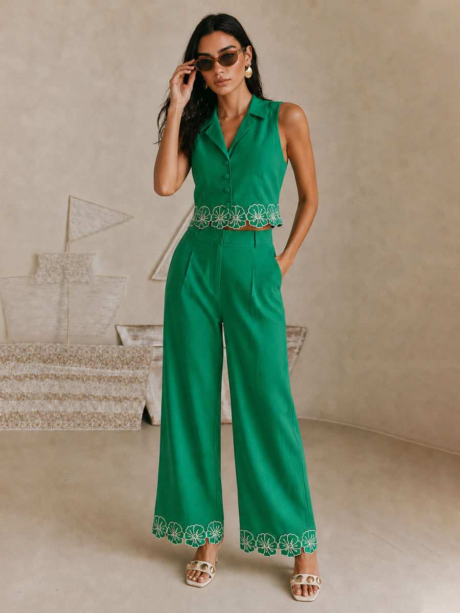 Cotton Floral Embroidered Two Piece Pants Set
