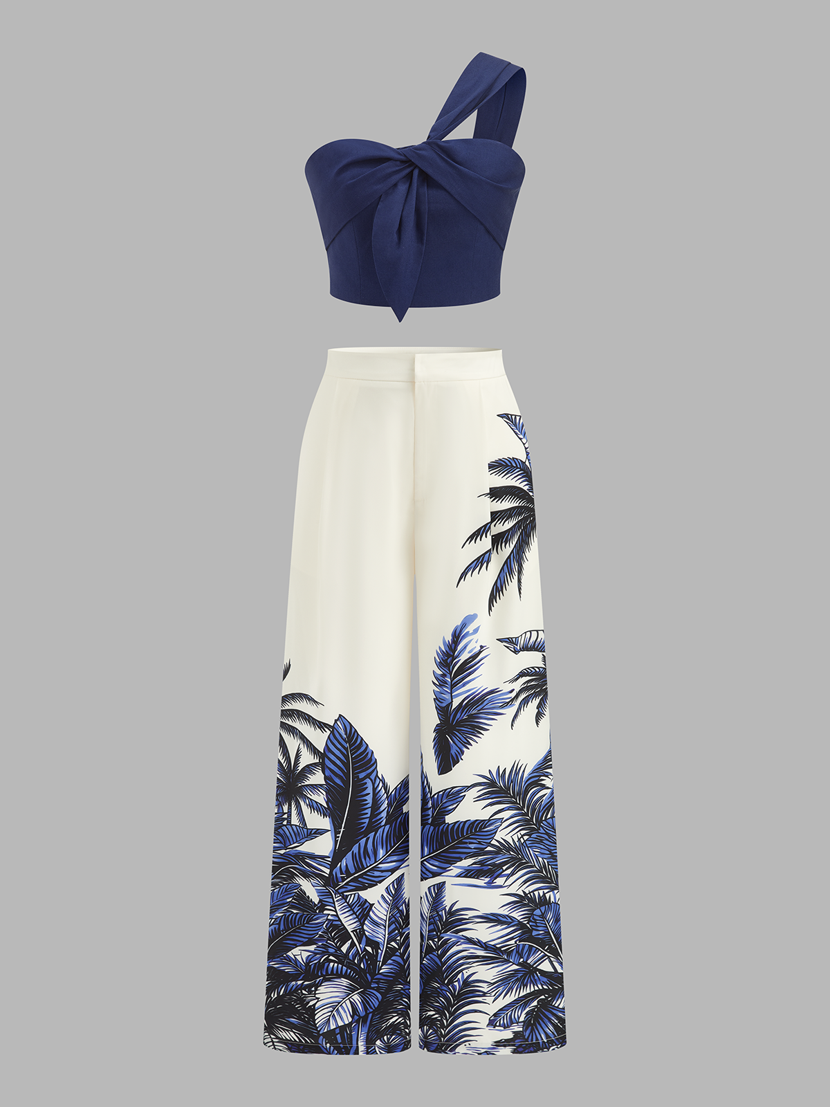 One-Shoulder Top & Tropical Print Pants Set