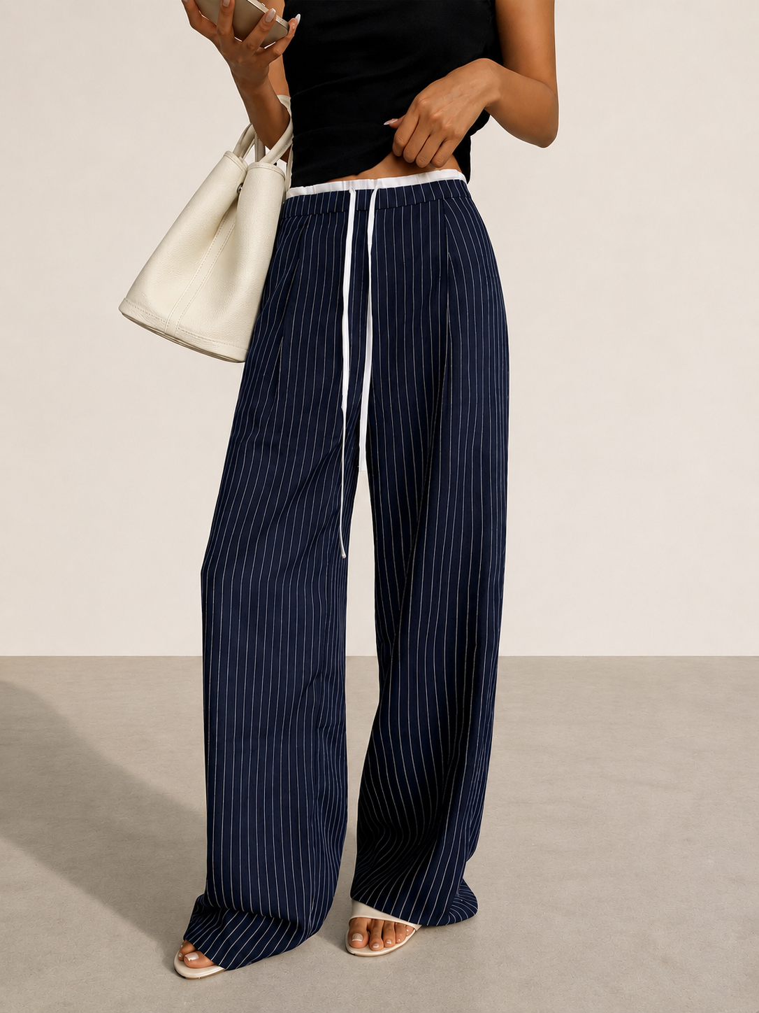 Contrast Waistband Drawstring Pinstripe Pants