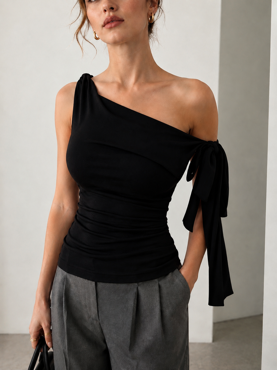 One Shoulder Tie Detail Slim Knit Top