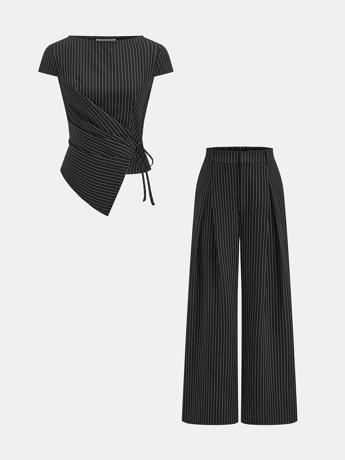 Pinstripe Wrap Tie Top & Wide-Leg Pants Set