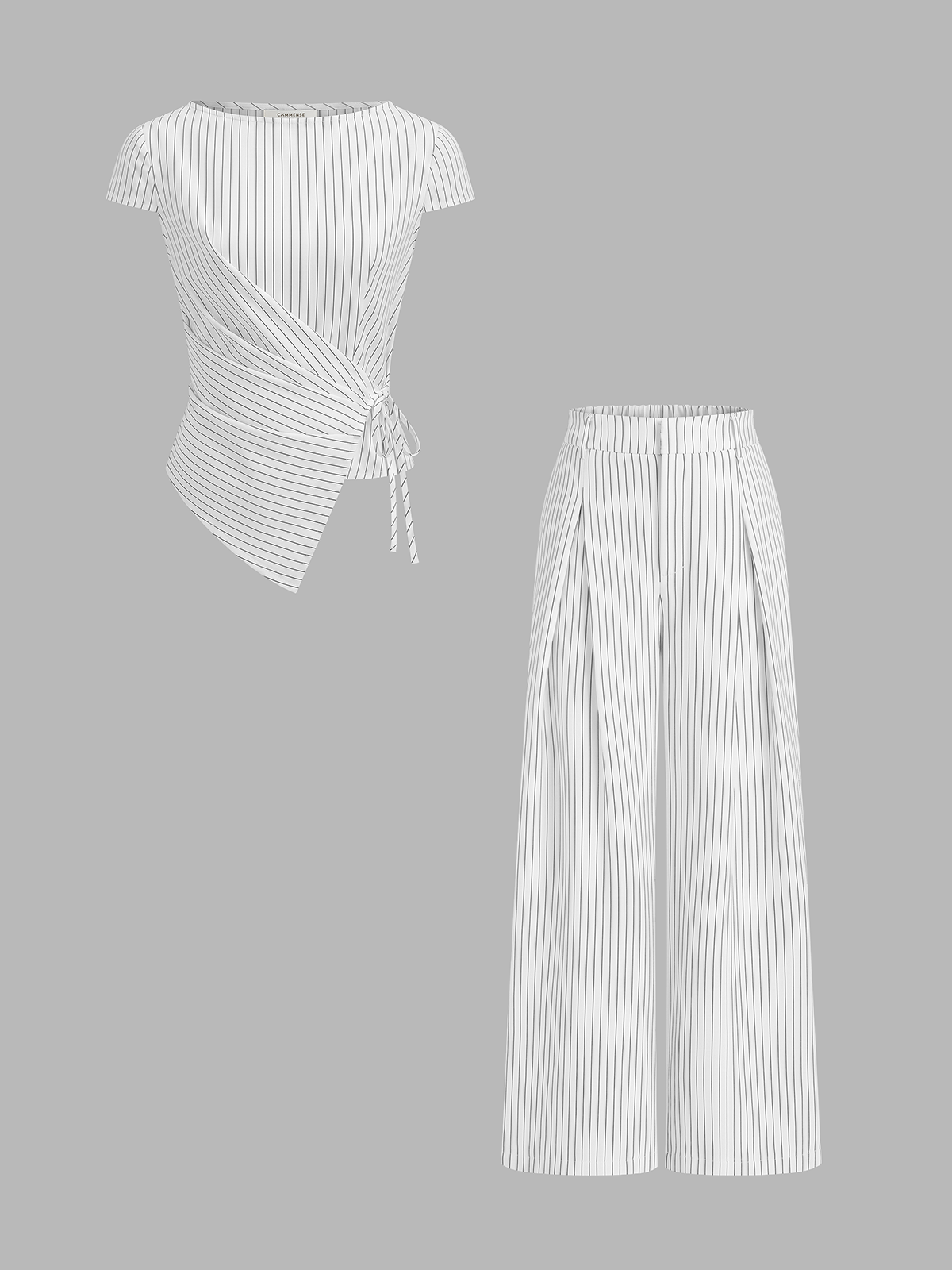 Pinstripe Wrap Tie Top & Wide-Leg Pants Set