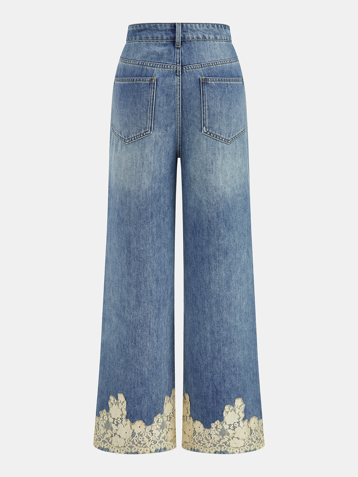 Lace Trim Mid-Waist Denim Pants