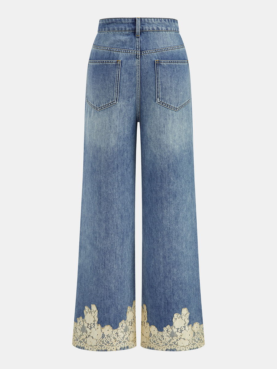 Lace Trim Mid-Waist Denim Pants