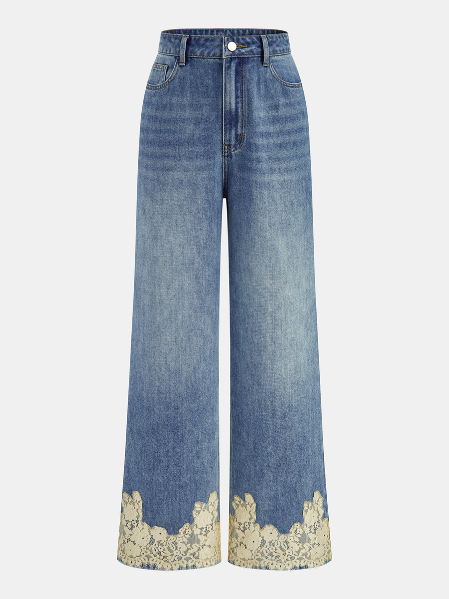 Lace Trim Mid-Waist Denim Pants