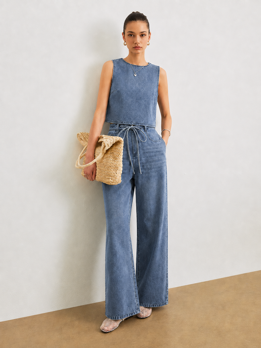 Sleeveless Denim Top & Drawstring Jeans Set