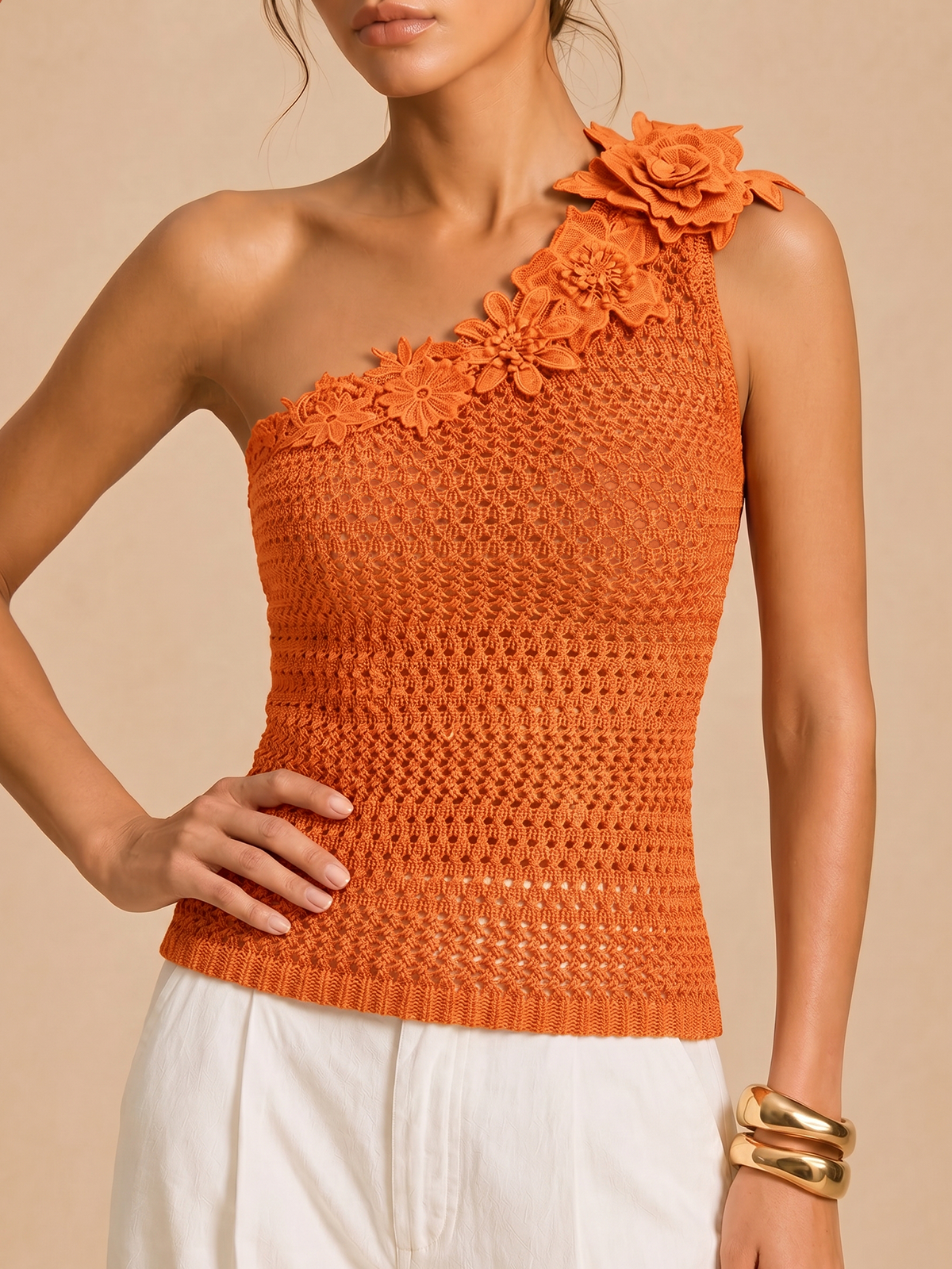 One Shoulder 3D Flower Crochet Top