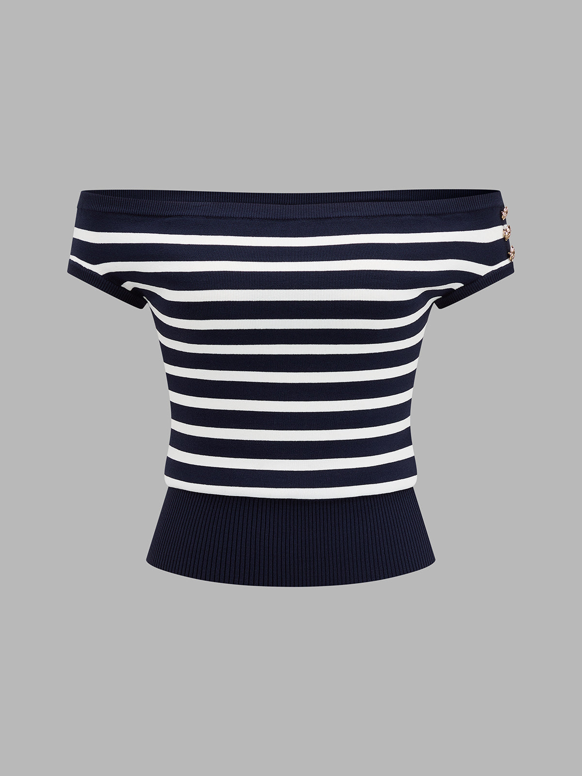Striped Off Shoulder Metal Detail Knit Top