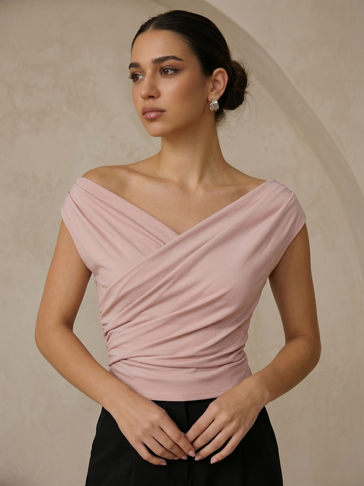 Asymmetric Neckline Ruched Blouse