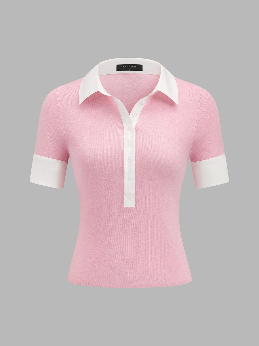 Color Block Collar Wool Blend Knit Polo Top
