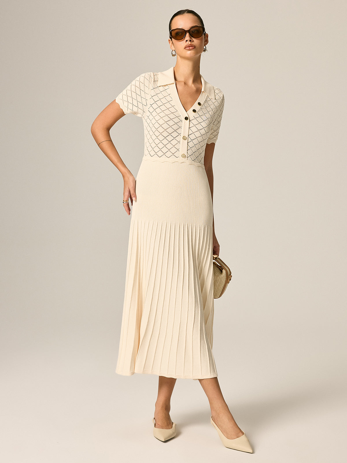Polo Collar Hollow Knit Pleated Maxi Dress