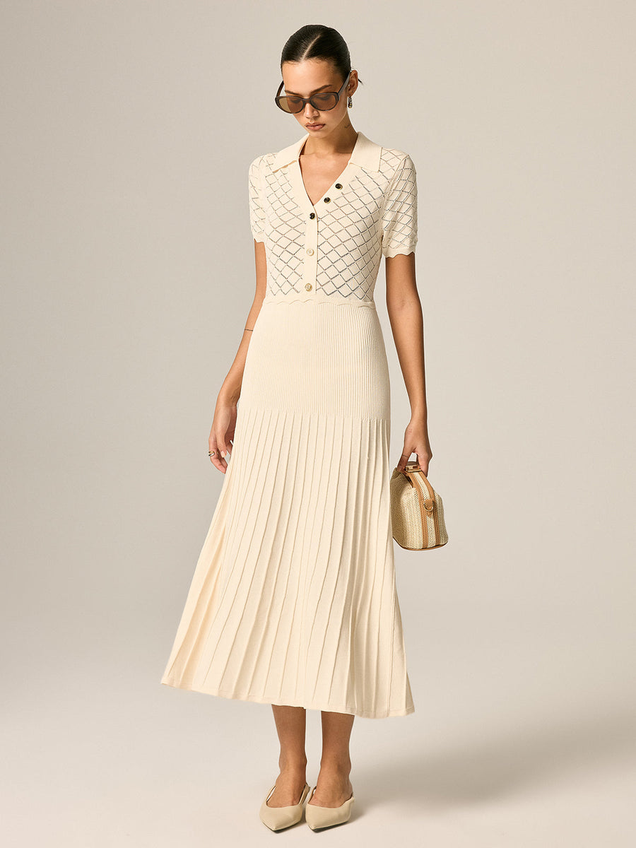 Polo Collar Hollow Knit Pleated Maxi Dress