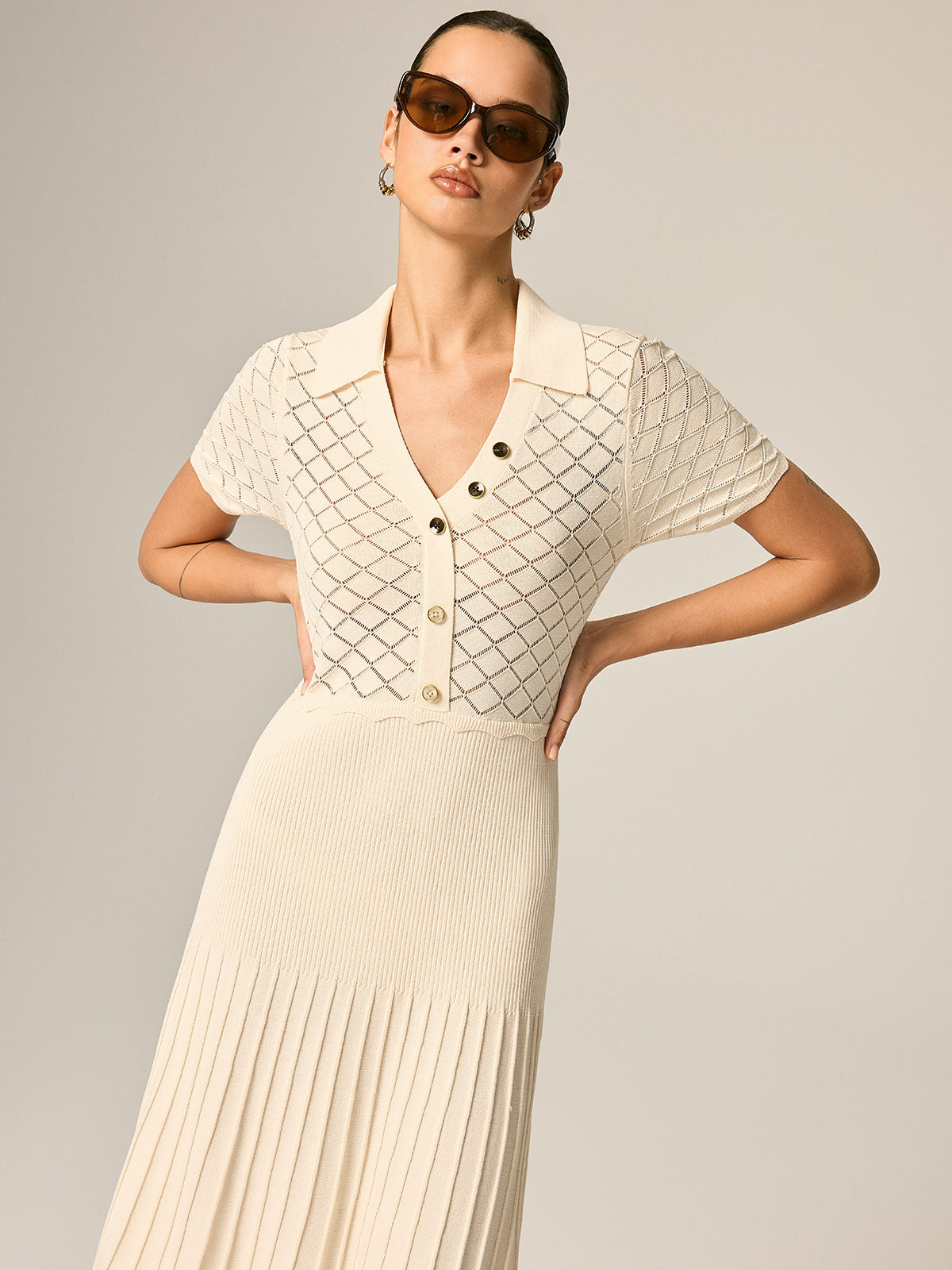 Polo Collar Hollow Knit Pleated Maxi Dress