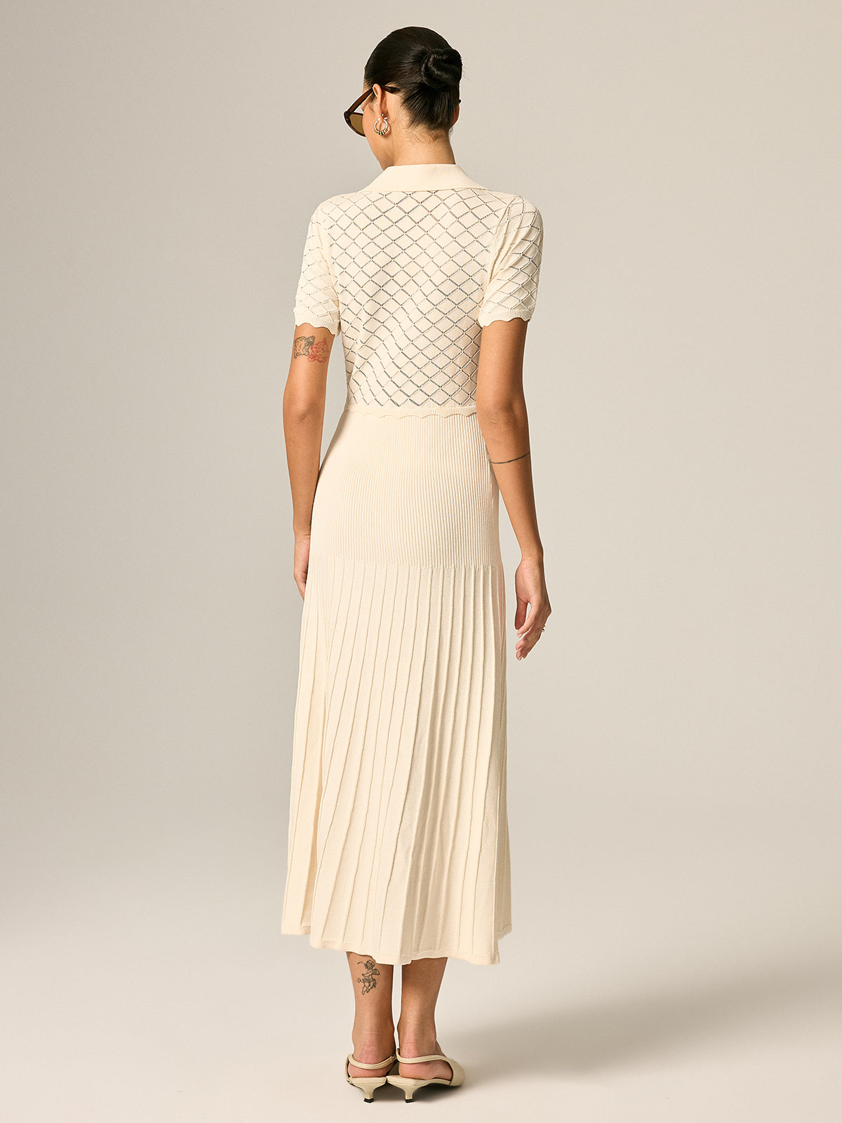 Polo Collar Hollow Knit Pleated Maxi Dress