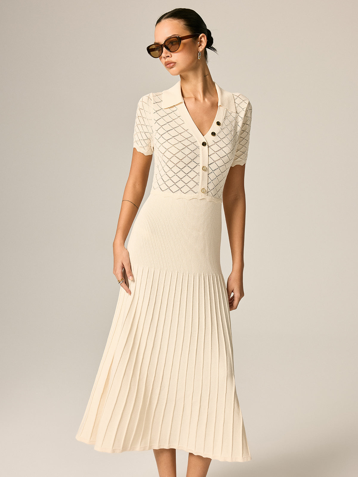 Polo Collar Hollow Knit Pleated Maxi Dress