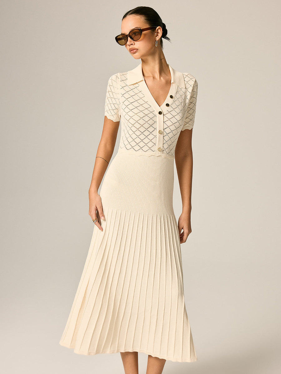 Polo Collar Hollow Knit Pleated Maxi Dress
