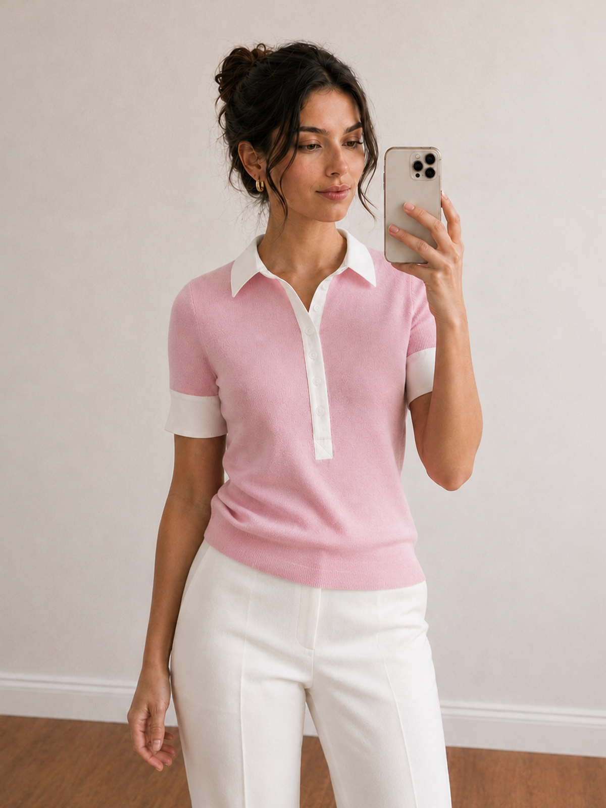 Color Block Collar Wool Blend Knit Polo Top