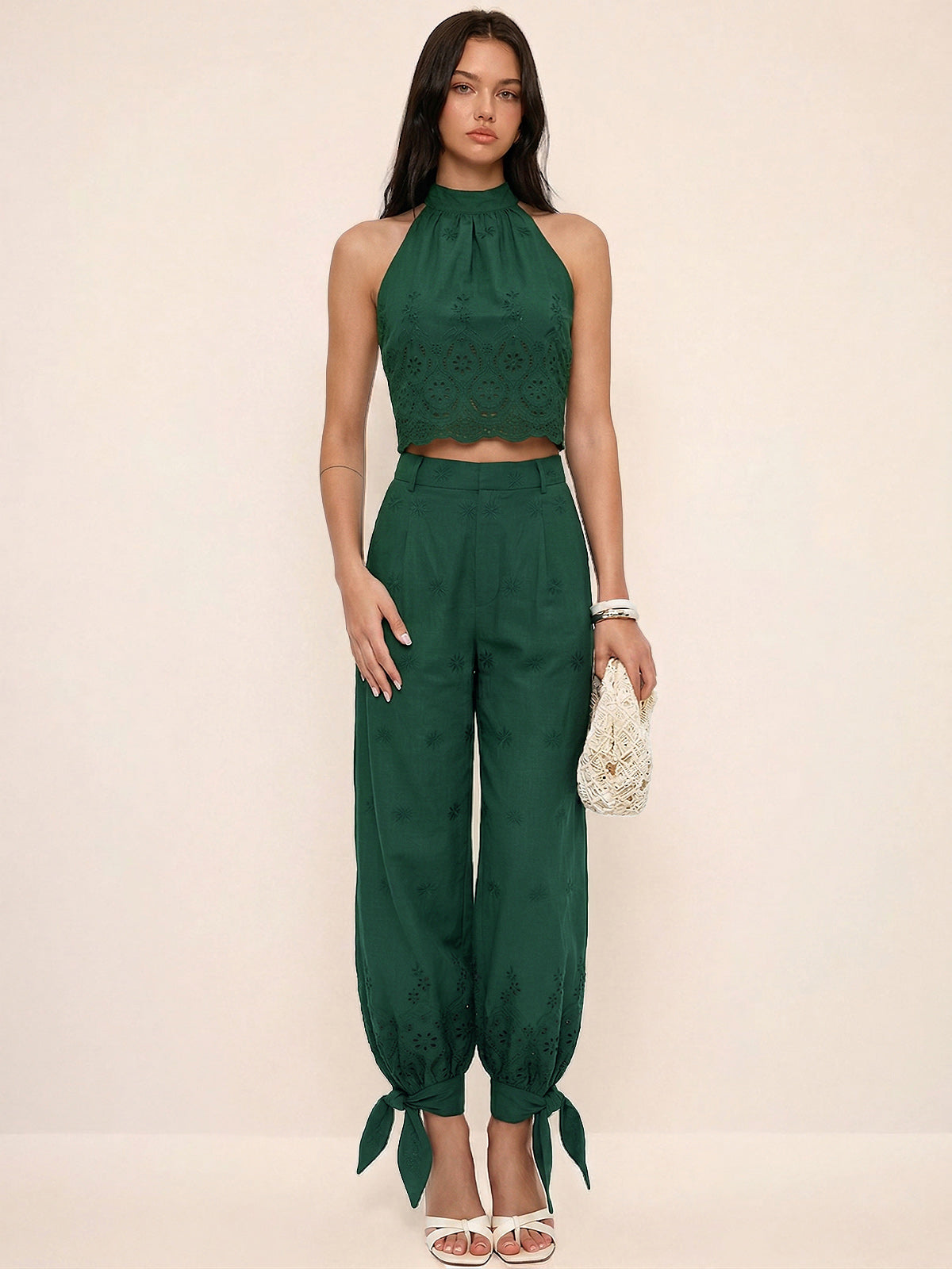 Eyelet Embroidery Top & Tie-Cuff Pants Set