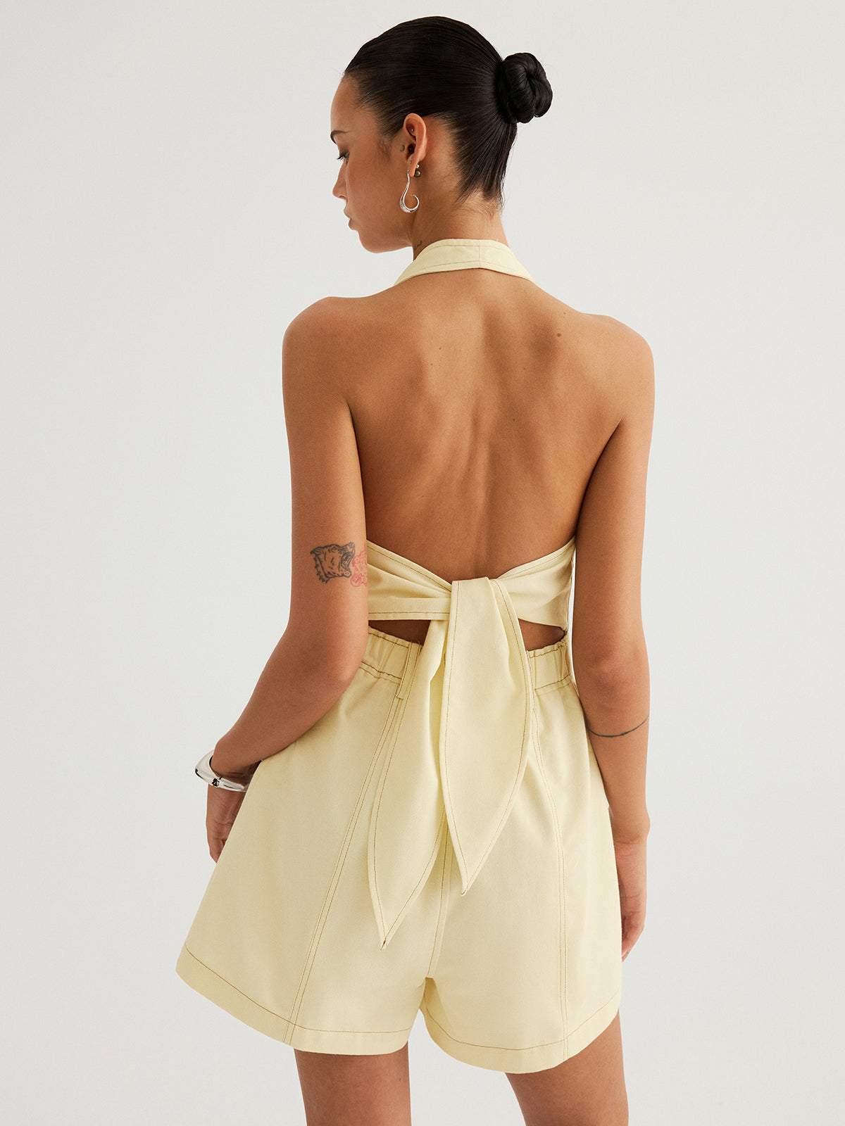 Cotton Halter V-Neck Tie-Back Romper