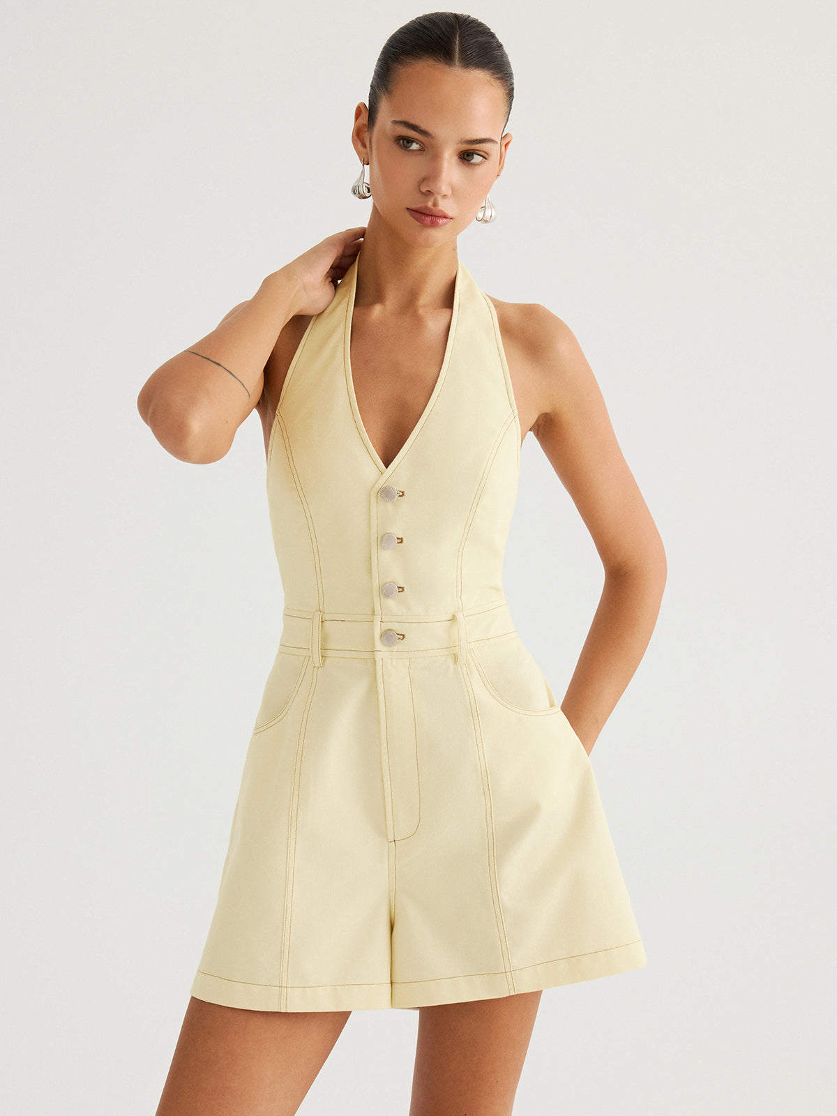 Cotton Halter V-Neck Tie-Back Romper