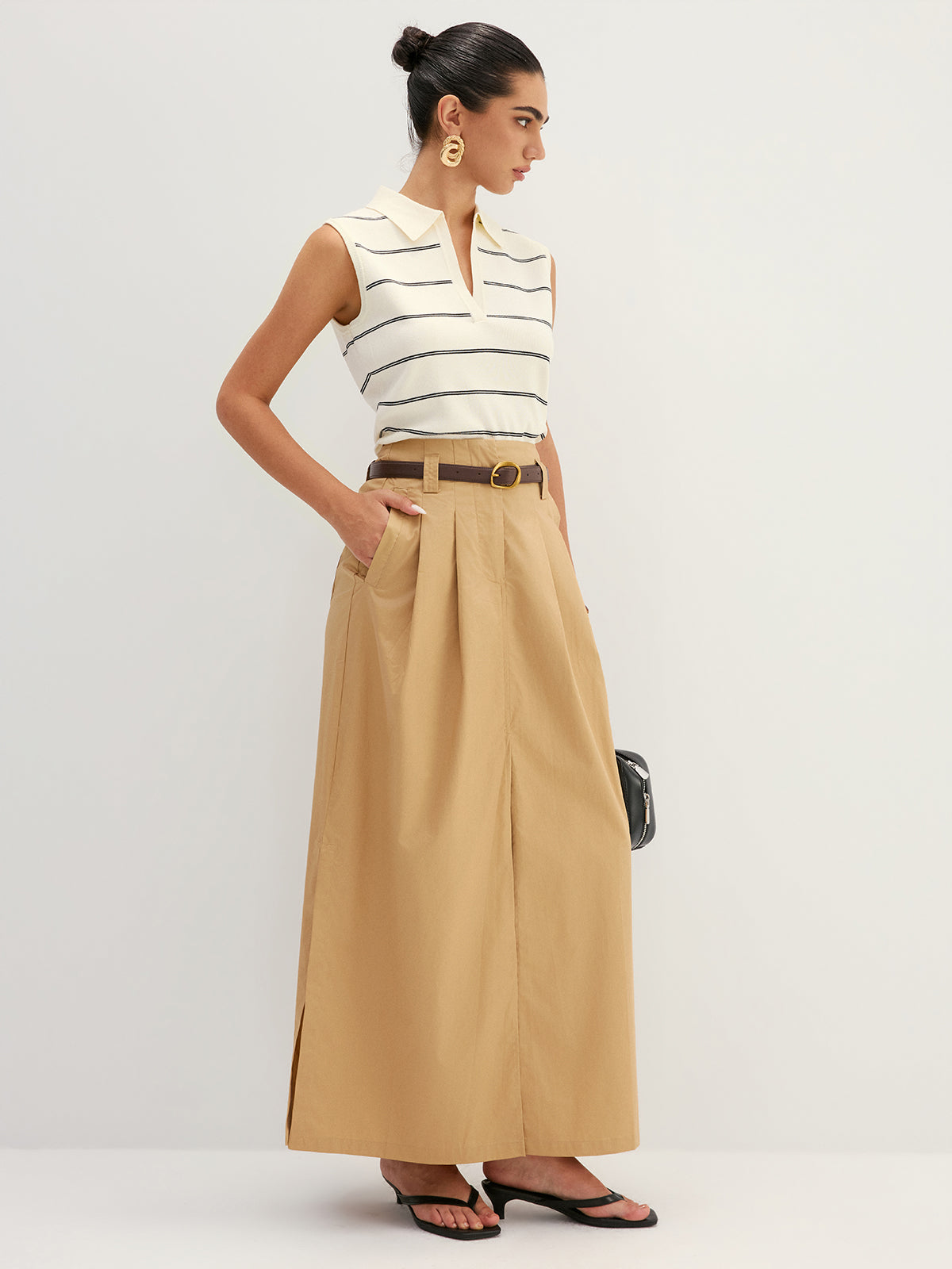 Striped Polo Collar Sleeveless Knit Top