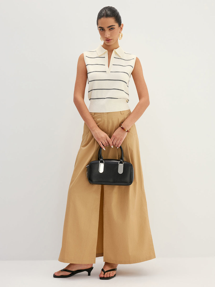Striped Polo Collar Sleeveless Knit Top