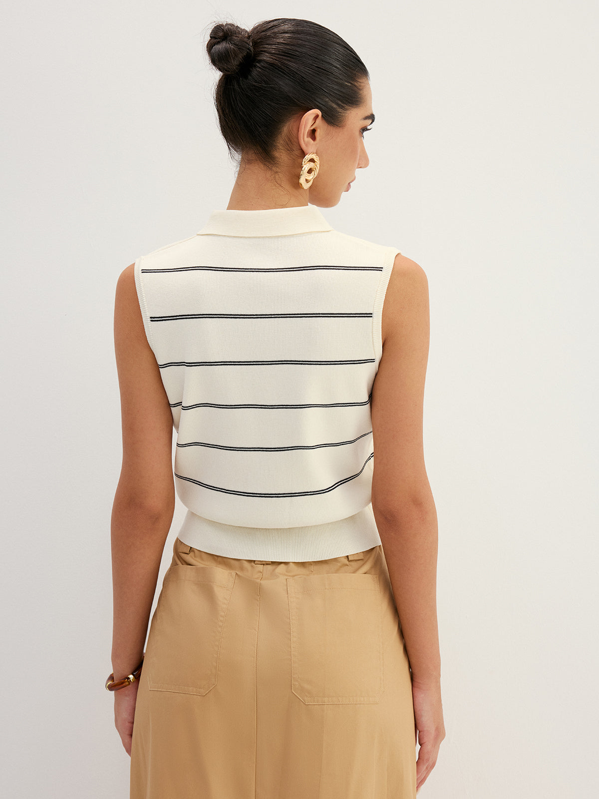 Striped Polo Collar Sleeveless Knit Top