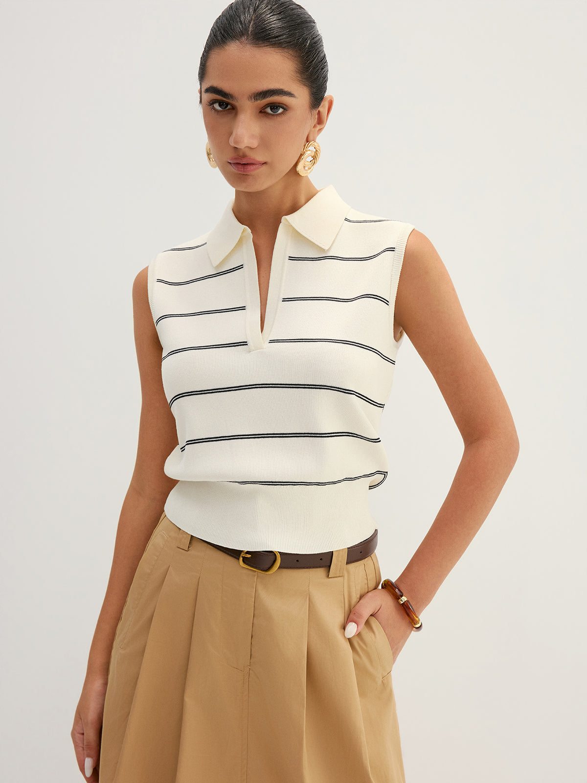 Striped Polo Collar Sleeveless Knit Top