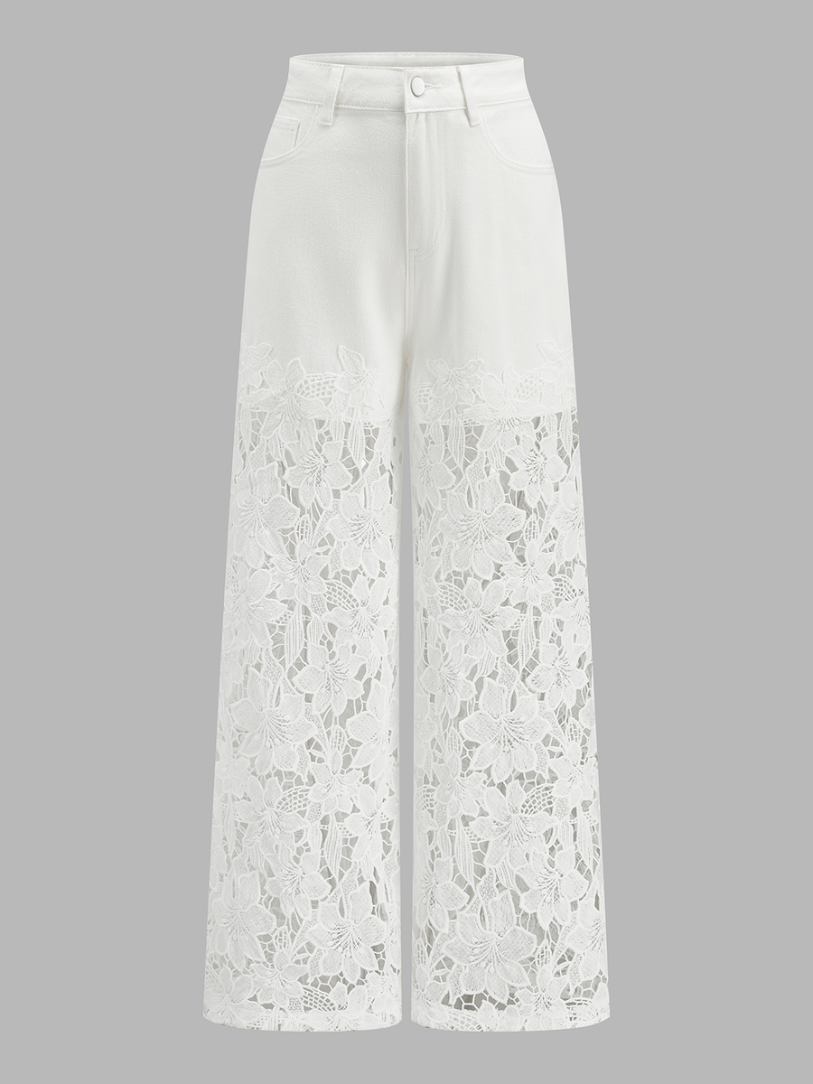 Lace Panel Denim Wide Leg Pants
