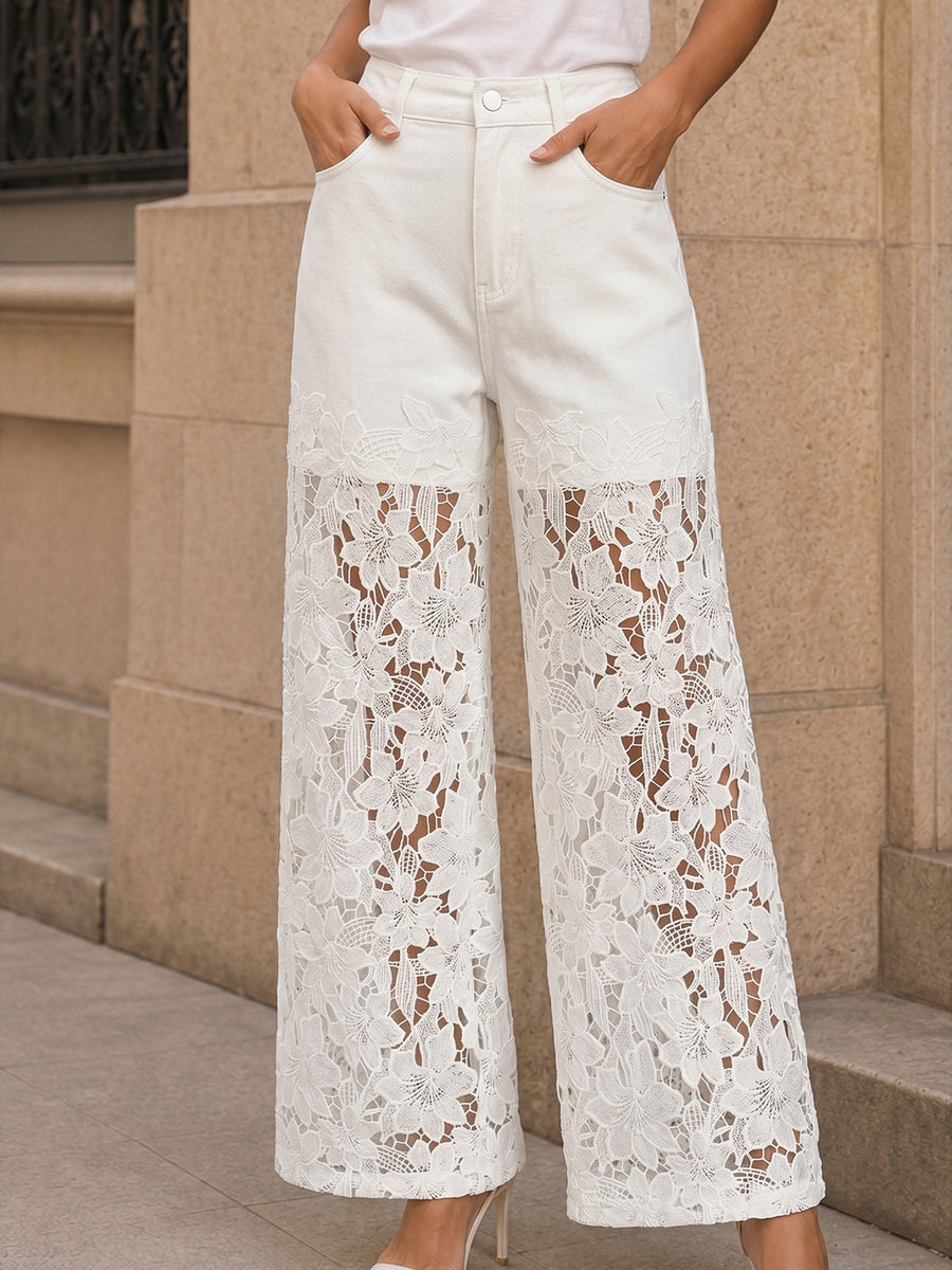 Lace Panel Denim Wide Leg Pants