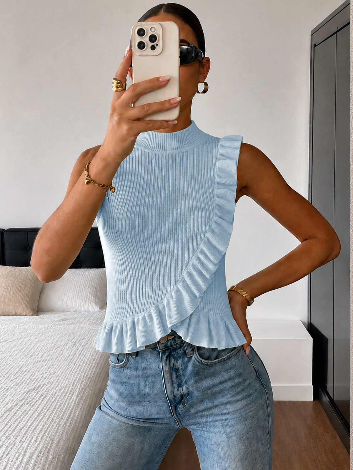 Ribbed High Neck Ruffle Sleeveless Top