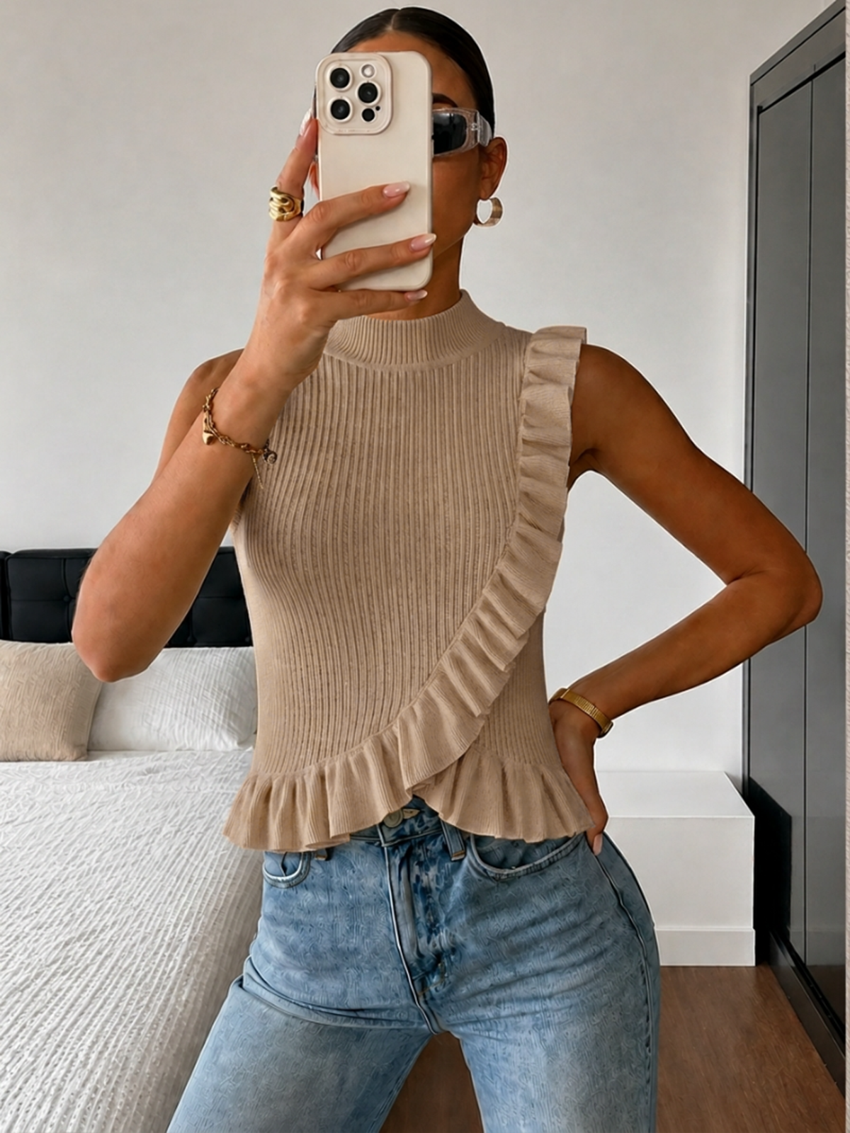 Ribbed High Neck Ruffle Sleeveless Top